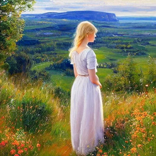 Image similar to blonde woman watching over the swedish countryside, archipelago, masterpiece, highly detailed, beautiful, atmospheric, impressionism, painting by Vladimir Volegov