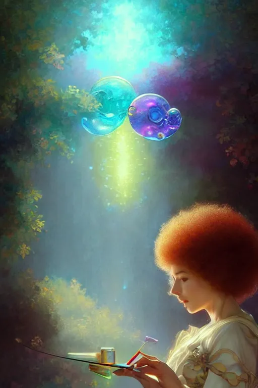 Image similar to bob ross android, dreamy and ethereal,, fantasy, intricate, elegant, rainbow bubbles, highly detailed, digital painting, artstation, concept art, smooth, sharp focus, illustration, art by artgerm and greg rutkowski and alphonse mucha