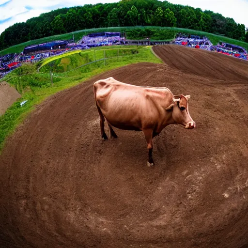 Image similar to a cow standing on a motocross track, fisheye lens