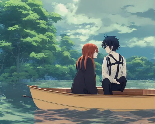 Image similar to a boy and a girl with long flowing auburn hair, boy has short black hair, sitting together in one single boat. Atmospheric lighting, long shot, romantic, boy and girl are the focus, trees, blue water. Anime. By Makoto Shinkai, Stanley Artgerm Lau, WLOP, Rossdraws, James Jean, Andrei Riabovitchev, Marc Simonetti, krenz cushart, Sakimichan, D&D trending on ArtStation, digital art.