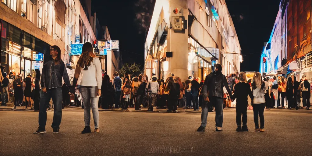 Image similar to two robots holding hands downtown at night in the middle of a crowd, wide angle, 24mm lens