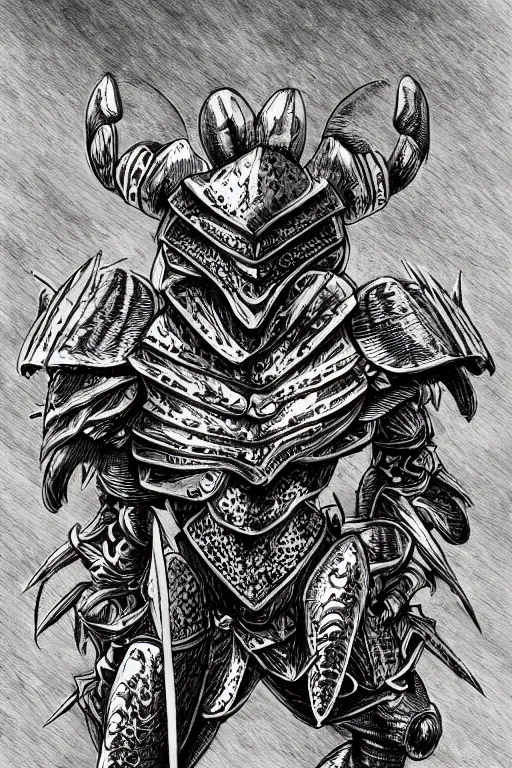 Image similar to human warrior, crab themed armour, crab claws symmetrical, highly detailed, digital art, needles, sharp focus, trending on art station, kentaro miura manga art style