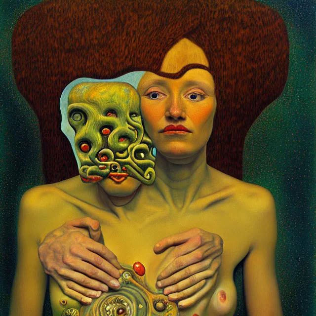 Image similar to an oil on canvas portrait painting, polycount, surrealism, surrealist, lovecraftian, cosmic horror, grant wood, gustav klimt, high detail
