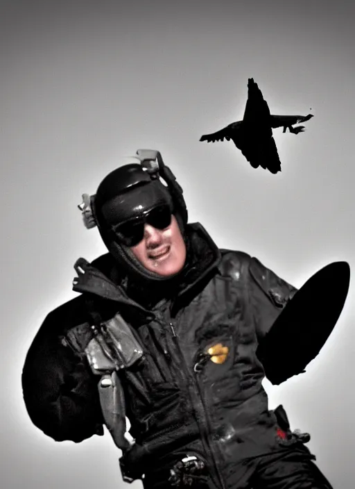 Image similar to a jet pilot with a crow head