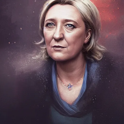 Image similar to Portrait of Marine le Pen , heroic, amazing splashscreen artwork, splash art, head slightly tilted, natural light, elegant, intricate, fantasy, atmospheric lighting, cinematic, matte painting, detailed face, by Greg rutkowski