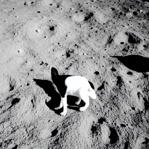 Prompt: black and white photo of a cat on the moon