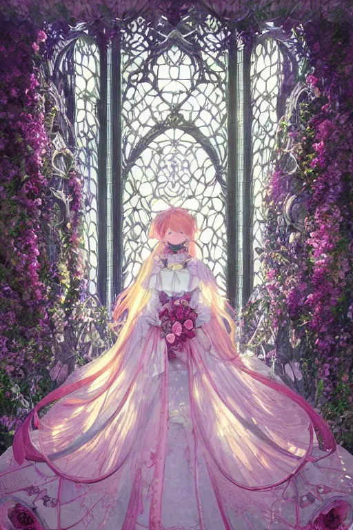 Prompt: a beautiful hyperdetailed physical render of absolutely beautiful princess that wear rose flower wedding gothic lolita dress clothing stay in blooming flower house alone, symmetric face, dazzling light beam penetrated through the window, perfectly shaded, atmospheric lighting, style of makoto shinkai, raphael lacoste, louis comfort tiffany, artgerm, james jean, ross tran