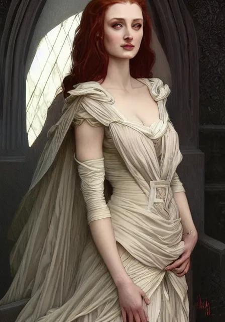 Image similar to sansa angeline jolie gessica chastain in beautiful dress, intricate, elegant, highly detailed, digital painting, artstation, concept art, smooth, sharp focus, illustration, art by artgerm and greg rutkowski and alphonse mucha and william - adolphe bouguereau