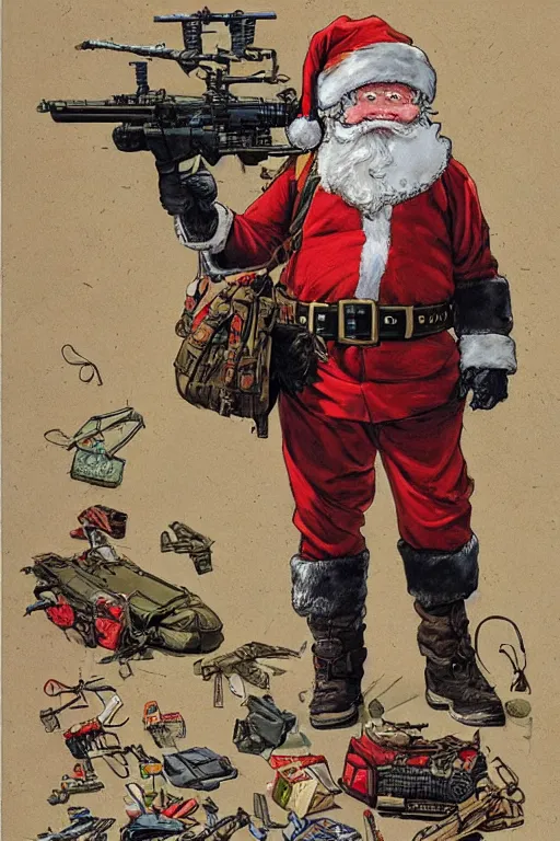 Image similar to concept of Santa Claus holding a M61 Vulcan and wearing an army harness vest full of pouches, by Geof Darrow and Simon Bisley, detailed, full body