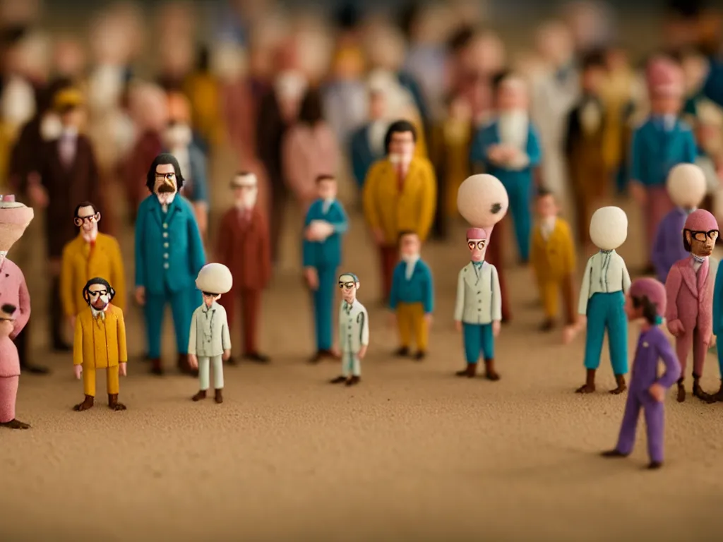 Image similar to macro photo of tiny claymation people wes anderson sharp focus