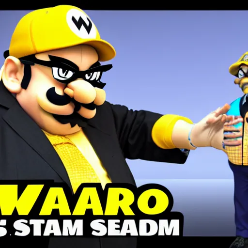 Image similar to wario as a shady car salesman, realistic, 4 k, hd.