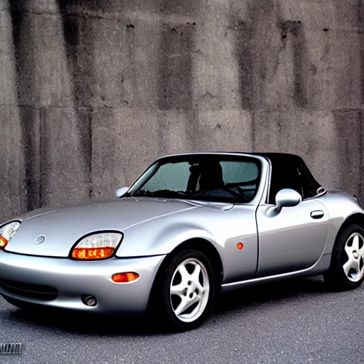 Image similar to a silver 1 9 9 9 miata. 3 5 mm 8 k