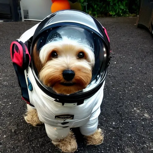 Image similar to A Yorkshire Terrier in a space suit, its face, smiling, clearly visible inside the helment /imagine https://discord.com/channels/1002292111942635562/1005628033945837620/1006191040228753459