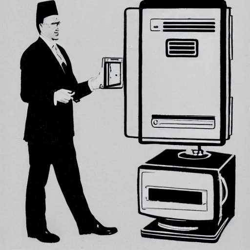 Prompt: full body man in suit with wearing a cathode ray tube TV on his head