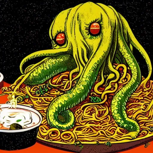 Prompt: photo of Cthulhu (from Lovecraft) sitting at table holding its tentacle over a bowl of ramen