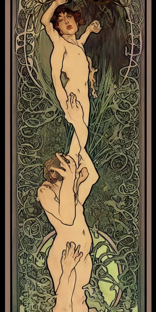 Image similar to A Pans Labyrinth Style Tarot Card of a narcissus by Alphonse Mucha and Martin Scorsese, Demonic, Diorama, CGSociety