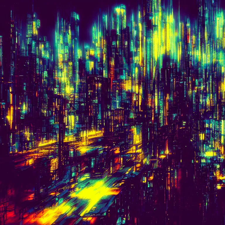 Prompt: an abstract painting of a cityscape at night, cyberpunk art by richter, cgsociety, cubo - futurism, quantum wavetracing, glitch art, cityscape, 8 k