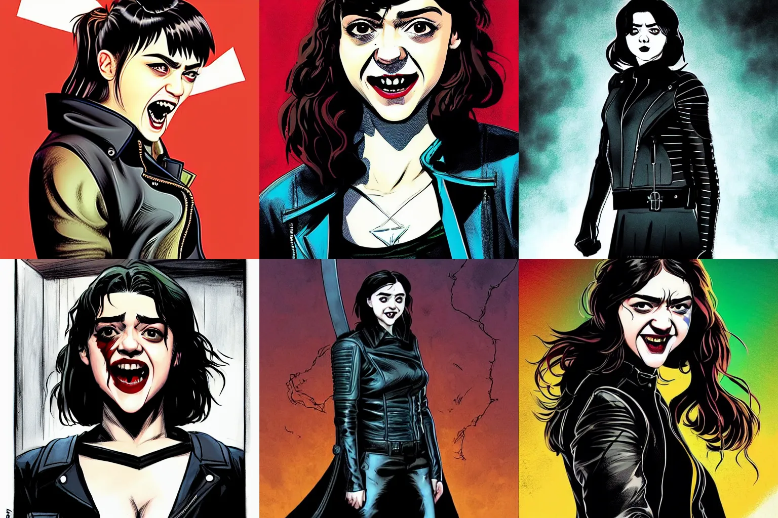 Image similar to Rafael Albuquerque comic art, beautiful female vampire Maisie Williams, mouth open smile sharp vampire teeth, leather jacket, symmetrical face, long hair, long sharp fingers claws, full body