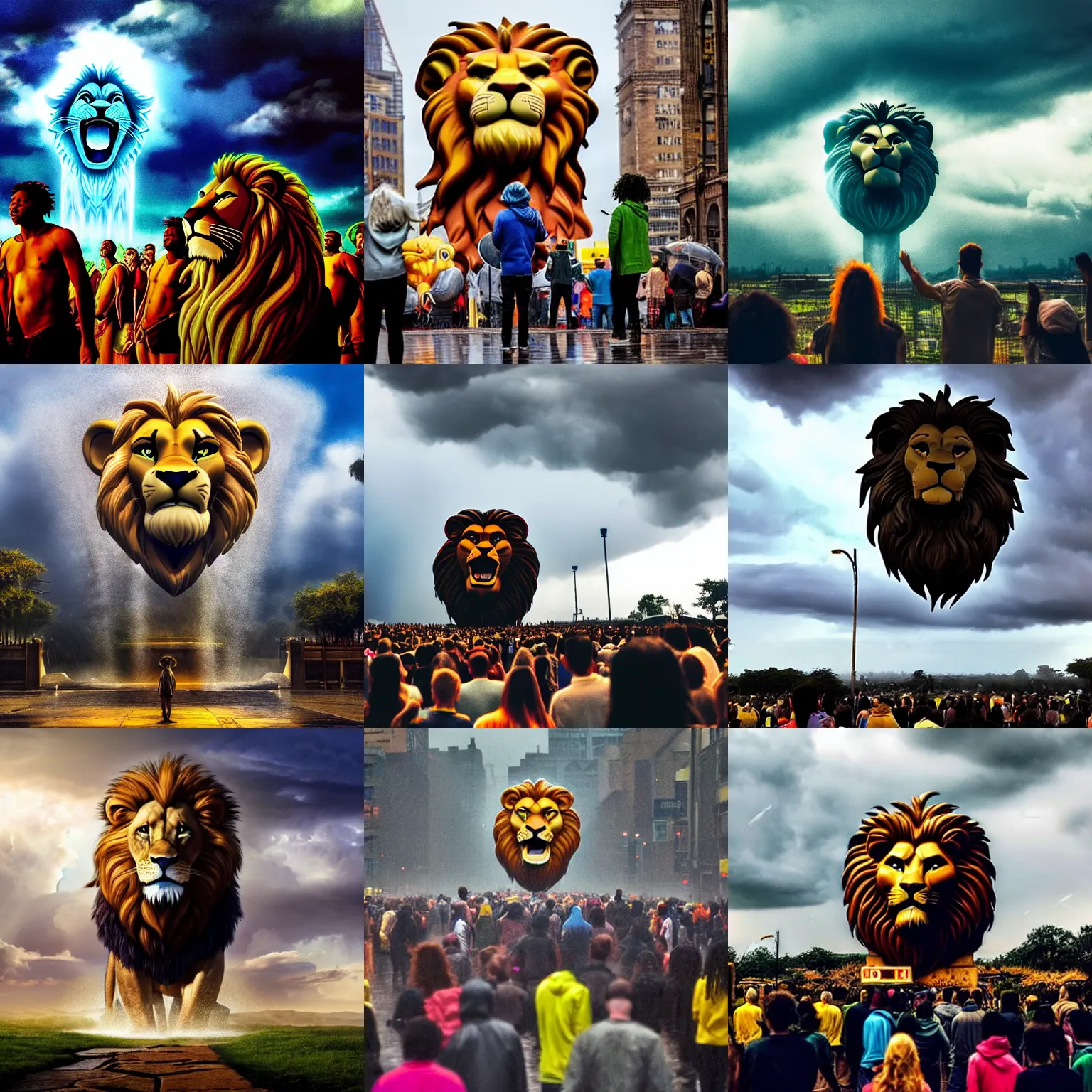 Prompt: people standing in the toxic rain worship the giant cartoon lion head of king mufasa fly from the epic magical thunderclouds in skies, king mufasa fly in sky, scifi