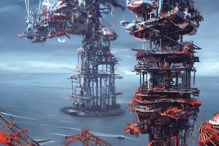 Prompt: a futuristic oil rig tower, built of scavenged parts from oil tankers and containerships. Ocean, early dawn. Beautiful skies. Halo concept art. HD. Trending on artstation. Highly detailed. Concept art. Kitbash.