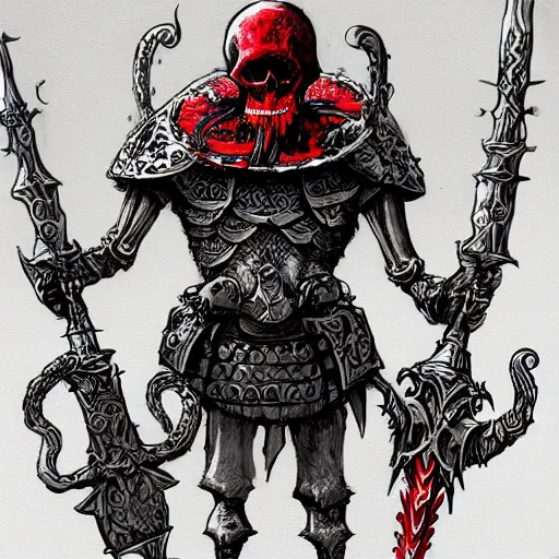 Image similar to concept art of skeleton holding a medieval shield and spear, d & d surrounded by red evil death tentacles, hyper detailed, hyper realistic, dark atmosphere, full body, full frame in the style of frank frazetta