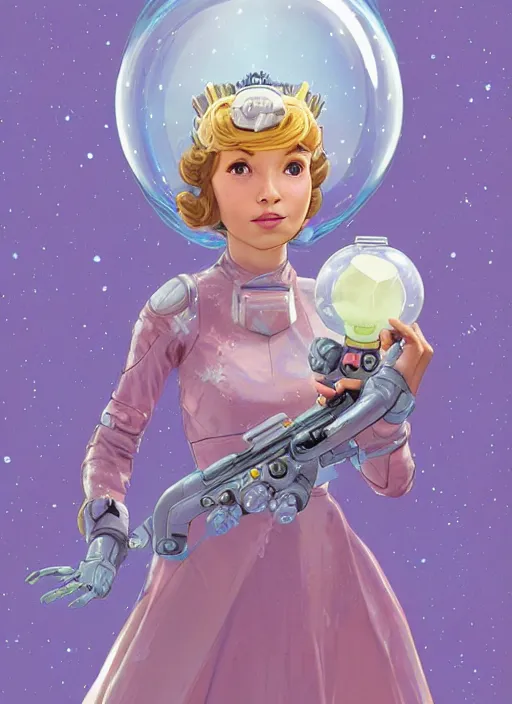 Image similar to beautiful planet cottagecore princess rosalina holding a small robot wearing a scifi jetsuit with bubble helmet by laurie greasley, intricate bioluminescent highly detailed, digital painting, concept art, symmetrical face, octane render unreal engine meta humans, smooth, sharp, focus, illustration, art by artgerm and greg rutkowski and alphonse mucha, artstation