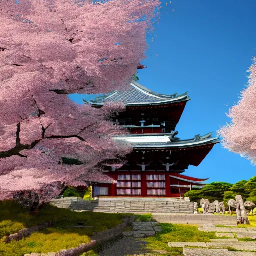 Image similar to An ancient shinto temple from Feudal Japan::8 cherry blossom trees::6 temple ruins::7 plant vegetation::5 fluffy clouds::3 sun rays::2 hyper realistic, high details, vivid colors, intricate details, artstation, octane, 8k