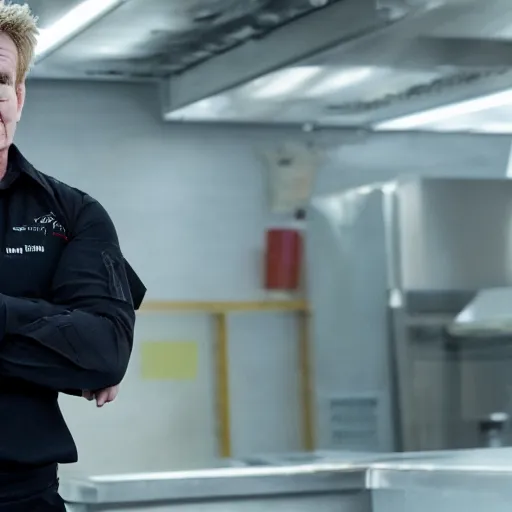 Image similar to gordon ramsey starring as robocop movie, movie still, 8 k