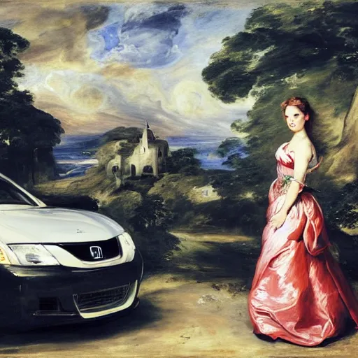 Image similar to heavenly summer sharp land sphere scallop well dressed lady standing next to a honda civic, auslese, by peter paul rubens and eugene delacroix and karol bak, hyperrealism, digital illustration, fauvist, standing next to a honda civic