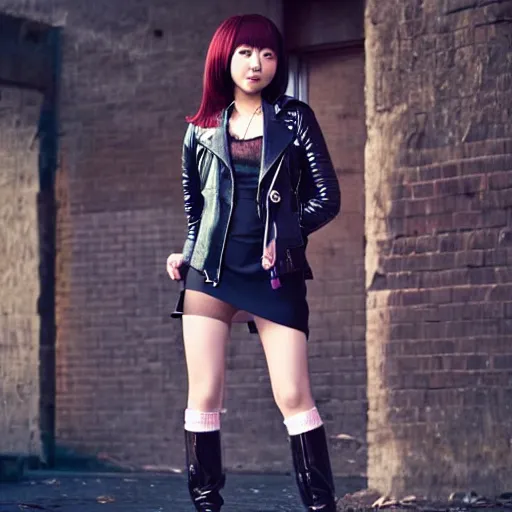 Image similar to a dynamic, epic cinematic 8K HD movie shot of a japanese young J-Pop idol girl wearing leather jacket, miniskirt, nylon tights and high heels boots. Motion, VFX, Inspirational arthouse