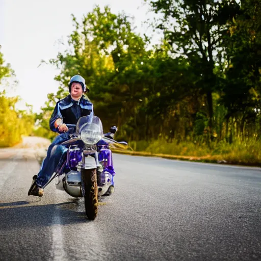 Image similar to blue heeler dog on a motorcycle, 8 k photography, blurred background of a wafflehouse