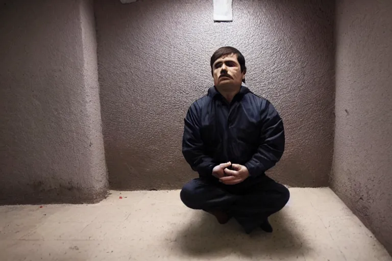 Image similar to el chapo is meditating in the middle of a prison cell. the prison cell is lined with posters of hot latina babes. meditation