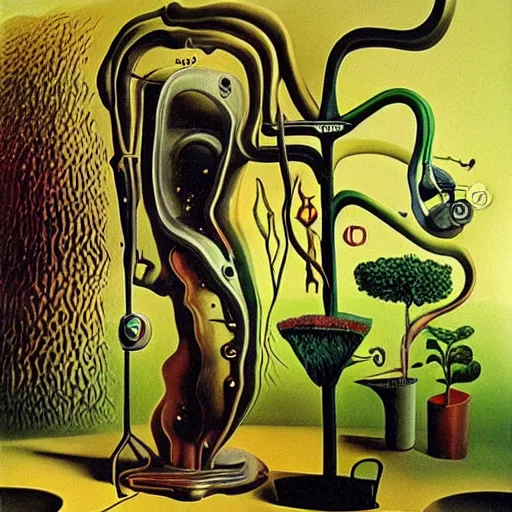 Prompt: a machine that converts plastic into plants. surrealism. salvador dali.