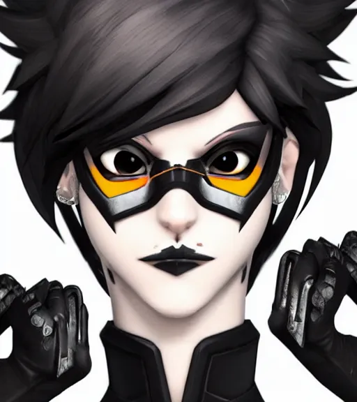 Image similar to tracer from overwatch, wearing black lipstick and black eyeliner, goth outfit, black hair, 4 k, detailed face, smirky expression, detailed face, focus on eyes, blur,