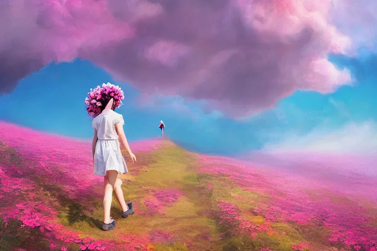 Image similar to giant dahlia flower crown under head, girl walking on mountain, surreal photography, pink storm clouds, dramatic light, impressionist painting, digital painting, artstation, simon stalenhag