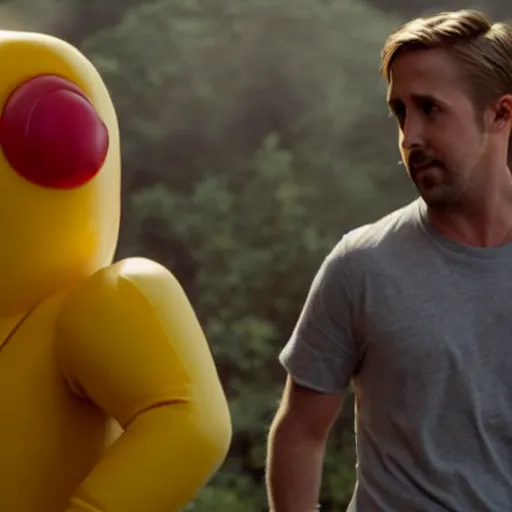 Prompt: Movie still of Ryan Gosling as Pacman, big yellow head, open mouth