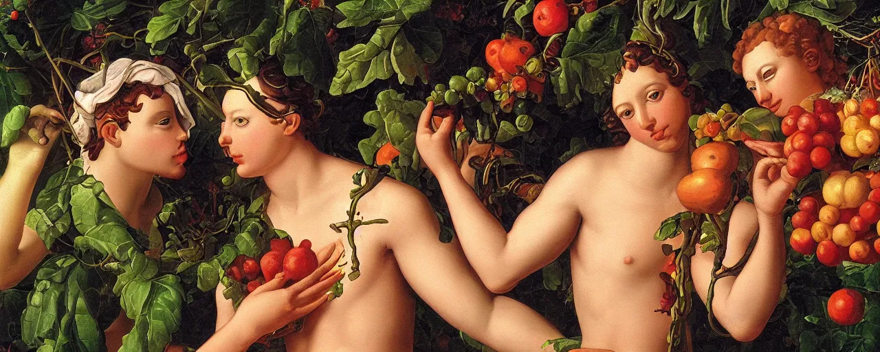 Prompt: cyborg and human, garden with fruits on trees, closeup, ultra detailed, Guido Reni style