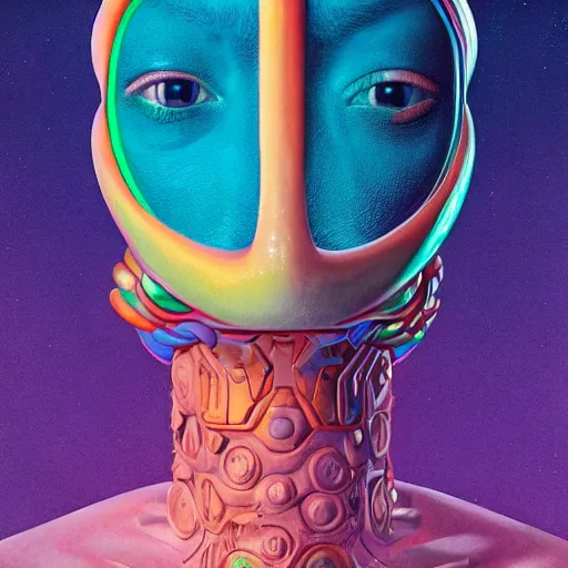 Image similar to colourful breathtakingly weird beautiful powerful magical wonderfully majestic beautifully cool character closeup by michael whelan, moebius, beeple, dan mcpharlin, pascal blanche, jamie hewlett, richard dadd, symmetrical, extreme close up with a serene expression, 8 k artstation