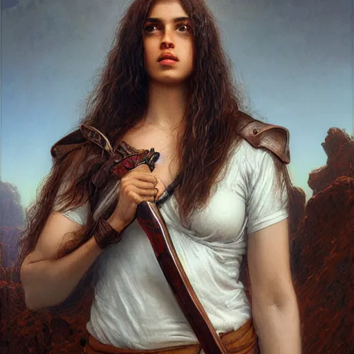 Image similar to artstation concept of a beautiful girl holding a sword in both hands, brown skin, sweaty skin, symmetrical face, casual white garment, brown canyon background, shiny colorful, hyperdetailed, artstation trending, world renowned artists, worth1000.com, historic artworks society, antique renewel, cgsociety, by greg rutkowski, by Gustave Dore, Deviantart