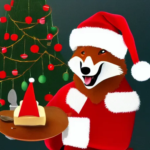 Image similar to A Detailed Award Winning Masterpiece, trending on artstation, 4k, of a fox wearing a santa hat, eating a cheese platter