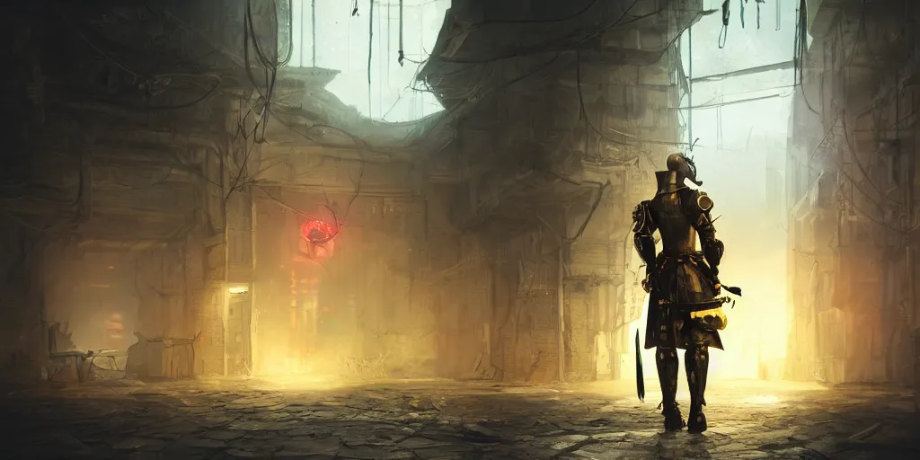 Image similar to A blonde medieval soldier seen from the back standing in front of a cyberpunk dystopian office with matrix style falling orange text in the background, cyberpunk, artstation