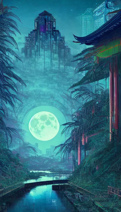 Image similar to reclaimed by nature by moon hoon, darkacademia atlantis cosmic san andreas at dawn neon signs tokyo synthwave universe, archdaily, wallpaper, highly detailed, trending on artstation.