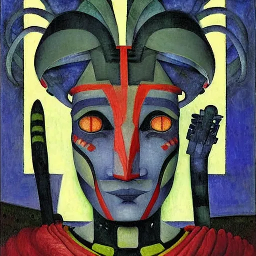 Prompt: portrait of a robot shaman, by annie swynnerton and and rufino tamayo and jean delville and edward hopper and evelyn de morgan, art deco shaman, stylized geometric flowers, art brut, outsider art, symbolist, dramatic lighting, god rays, clean crisp graphics, smooth sharp focus, extremely detailed, adolf wolfli