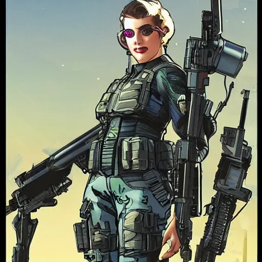 Image similar to Selina. USN special forces futuristic recon operator, cyberpunk military hazmat exo-suit, on patrol in the Australian autonomous zone, deserted city skyline. 2087. Concept art by James Gurney and Alphonso Mucha