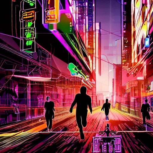 Image similar to people running away from crypto scared, cyberpunk art