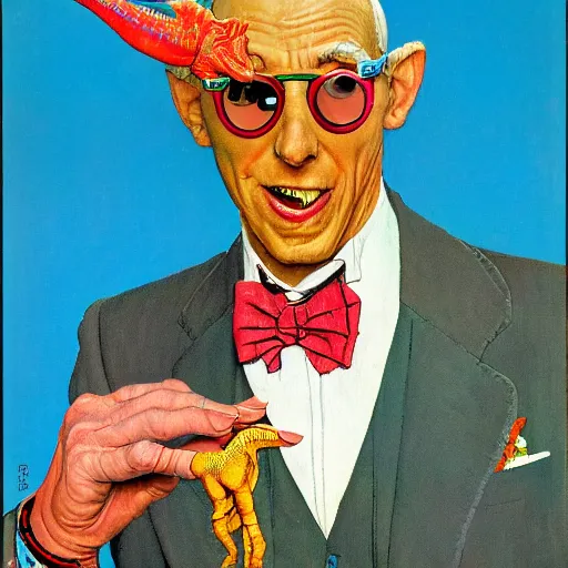 Prompt: a norman rockwell painting of a old - fashioned - humanoid - dinosaur wearing brightly colored cheap sunglasses and 3 - piece suit