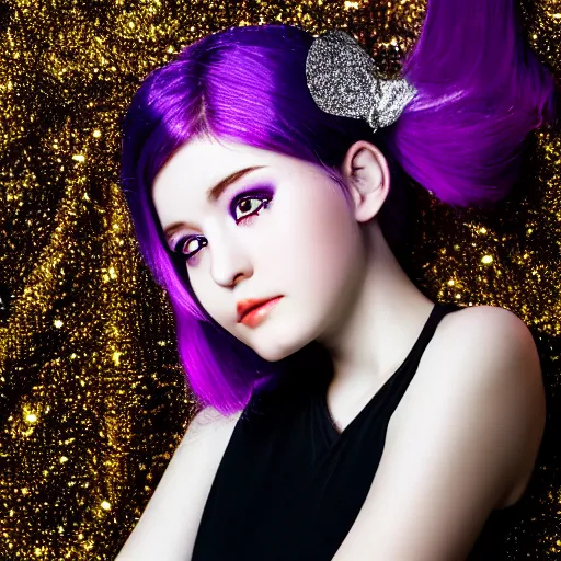 Image similar to girl with silver-violet hair, white eyes and golden glittery dress, wide lens, diorama, 4k,