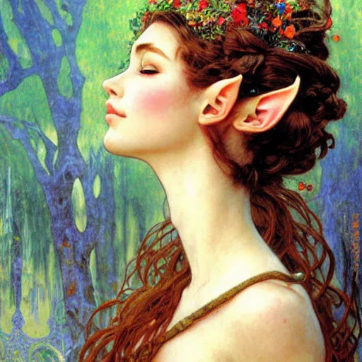 Prompt: head and shoulders portrait of a beautiful elf princess, royo, klimt, miro, vallejo, frazetta, alphonse mucha, greg rutkowski, whealan