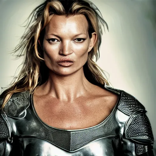 Image similar to kate moss dressed up as a knight in shining armour, hyper realistic, reflections, shadows, photo realistic, 8k