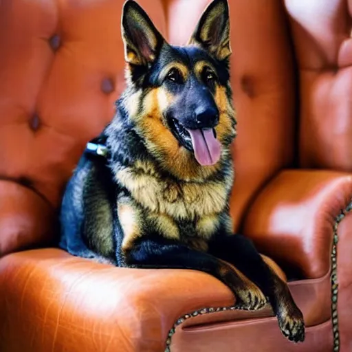 Prompt: a anthropomorphic german shepherd sitting on an armchair